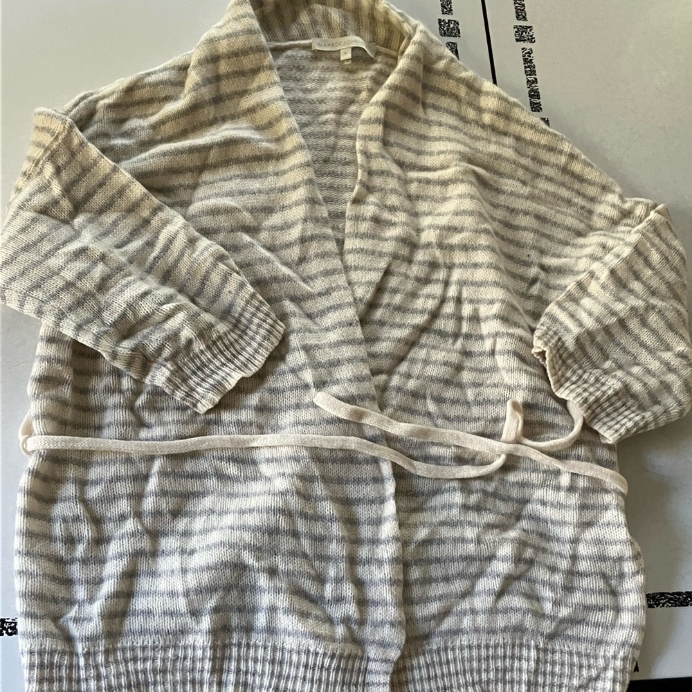 NakedCashmere Cream and Gray Striped Cardigan 100% Cashmere
